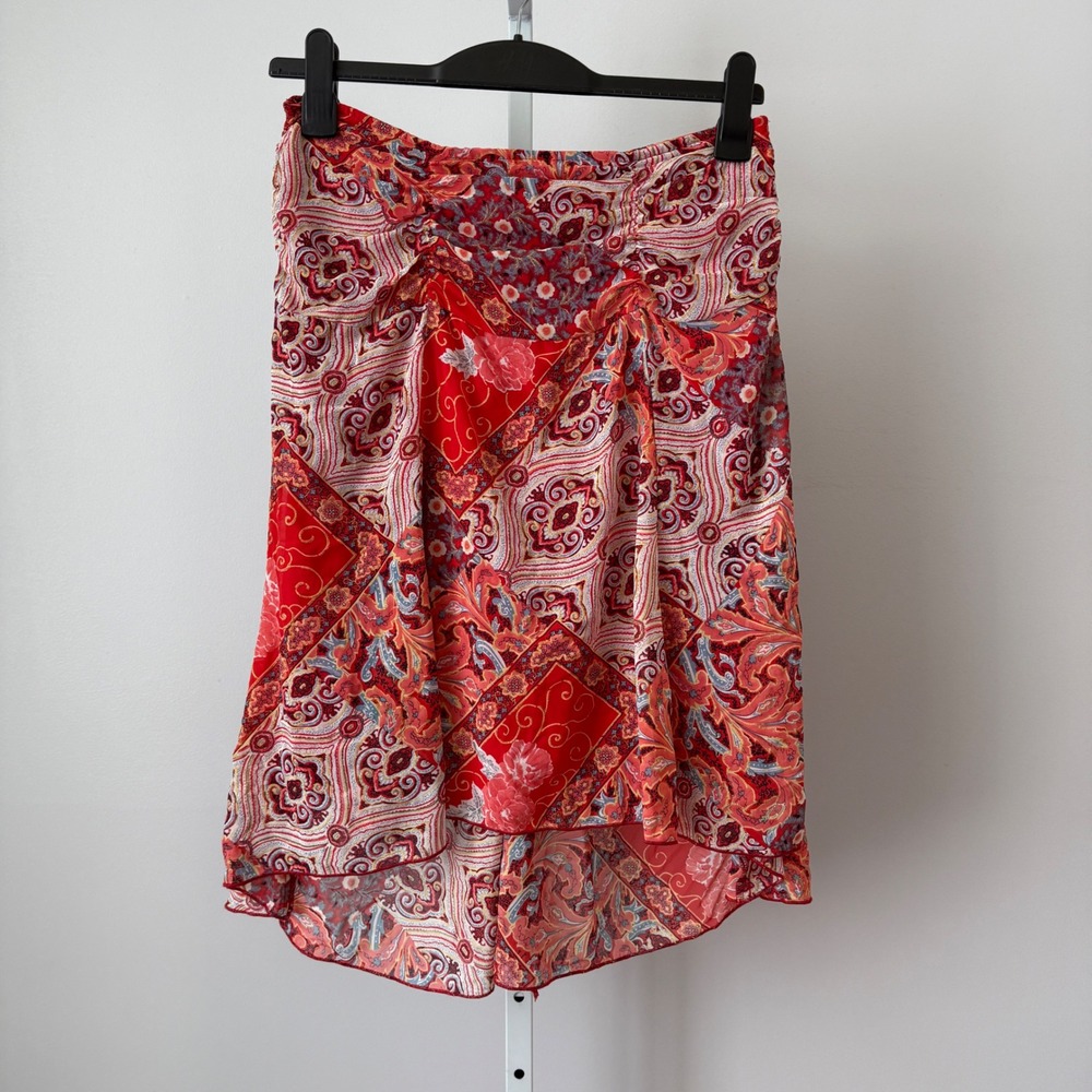 90s Y2K Sele M Red Paisley Fairy Floral Ruffle Skirt Boho Asymmetrical
